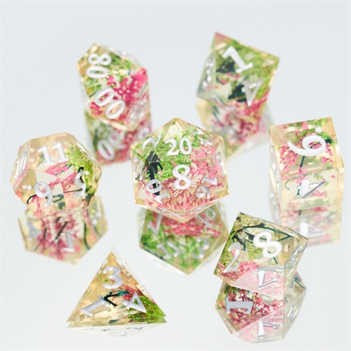 Sharp Edge Resin Dice Set - Pink Flower - Metal RPG Dice - Epic Dwarf Dice